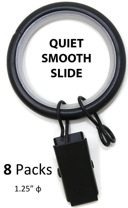 Set of 8 Metal Curtain Rings with Clips, Eyelets and Nylon Inserts Quiet Smooth, 1.25inch Diameter