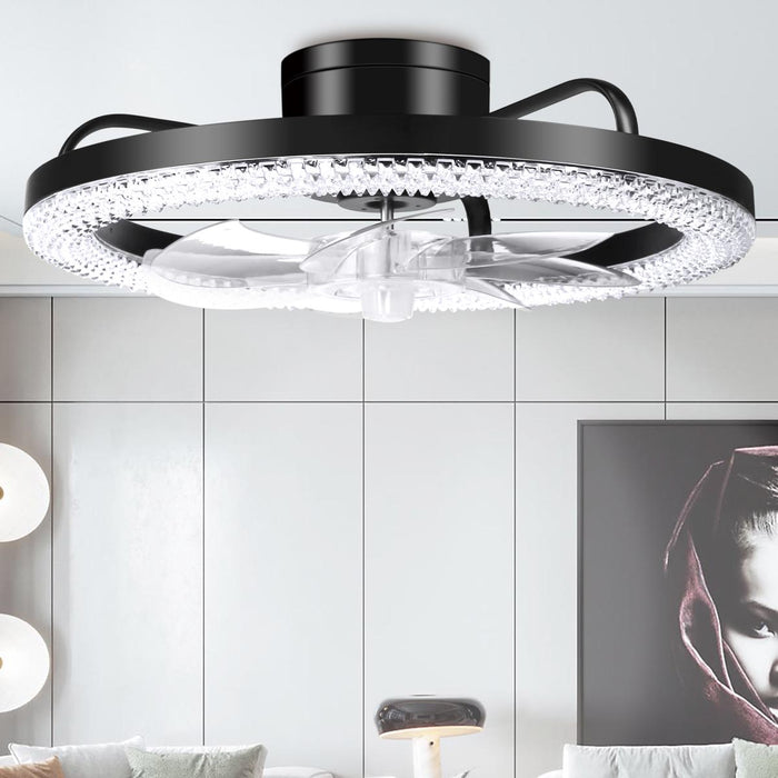 16.5" Low Profile Modern Flush Mount LED Ceiling Fan Fandelier Ceiling, Silent Reversible Motor, Diamond Design for Bedroom, Living Room, Indoor, Marine ( Black, White)