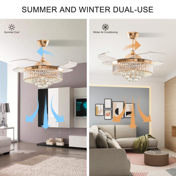42 / 36 Inches Crystal Ceiling Fan Silver Crystal Ceiling Fan Chandelier with Remote 3 Speeds 3 Colors Changes Lighting Fixture, 4 Blades Retractable Fans for Bedroom Living Room