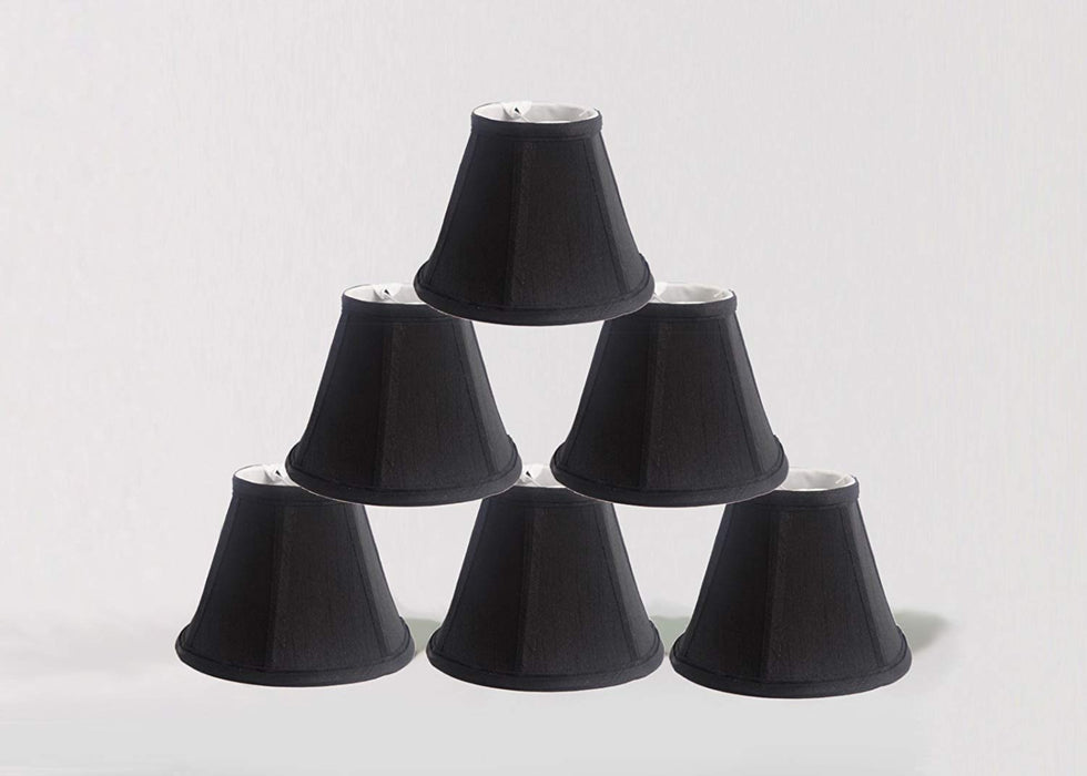 A set of six black faux silk empire chandelier lamp shades with clip-on attachments.