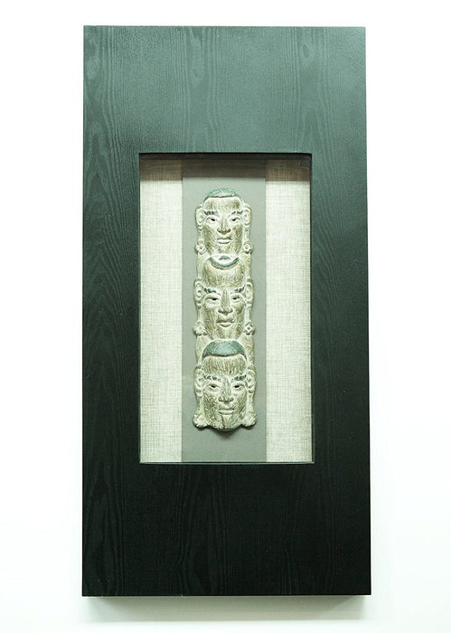 Wood Veneer Framed Polystone Figurine Sculpture Over Linen Wall Art Decor, 20"x40"