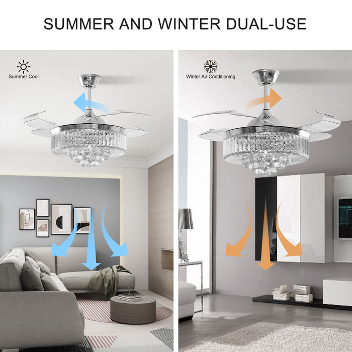 42 / 36 Inches Crystal Ceiling Fan Silver Crystal Ceiling Fan Chandelier with Remote 3 Speeds 3 Colors Changes Lighting Fixture, 4 Blades Retractable Fans for Bedroom Living Room