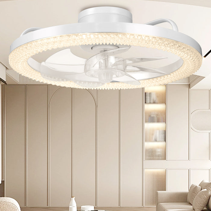 16.5" Low Profile Modern Flush Mount LED Ceiling Fan Fandelier Ceiling, Silent Reversible Motor, Diamond Design for Bedroom, Living Room, Indoor, Marine ( Black, White)