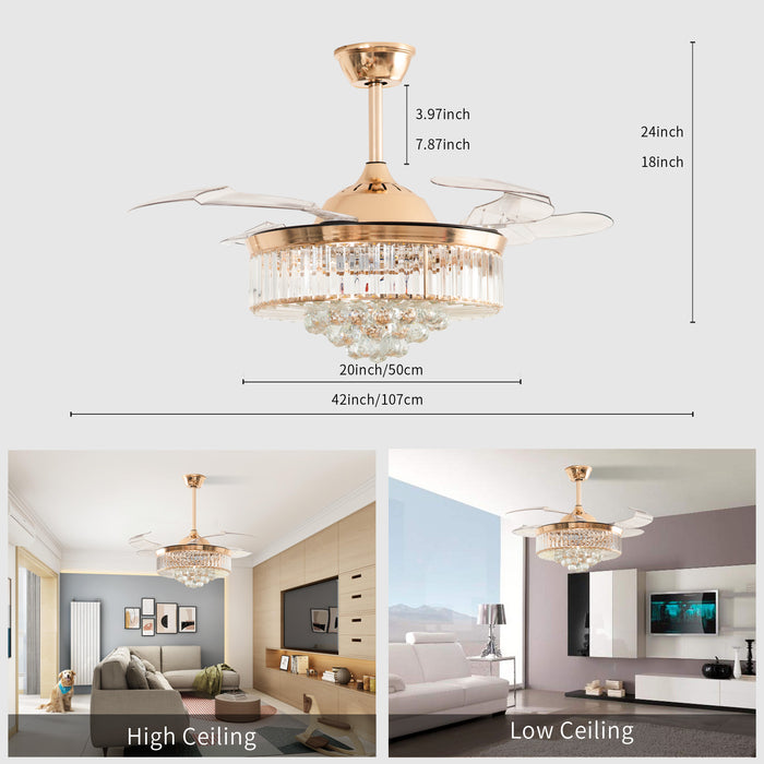 42 / 36 Inches Crystal Ceiling Fan Silver Crystal Ceiling Fan Chandelier with Remote 3 Speeds 3 Colors Changes Lighting Fixture, 4 Blades Retractable Fans for Bedroom Living Room