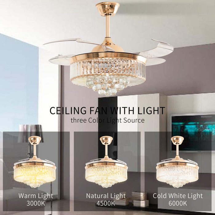 42 / 36 Inches Crystal Ceiling Fan Silver Crystal Ceiling Fan Chandelier with Remote 3 Speeds 3 Colors Changes Lighting Fixture, 4 Blades Retractable Fans for Bedroom Living Room