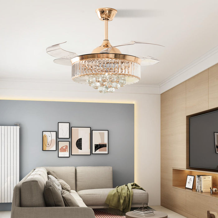 42 / 36 Inches Crystal Ceiling Fan Silver Crystal Ceiling Fan Chandelier with Remote 3 Speeds 3 Colors Changes Lighting Fixture, 4 Blades Retractable Fans for Bedroom Living Room