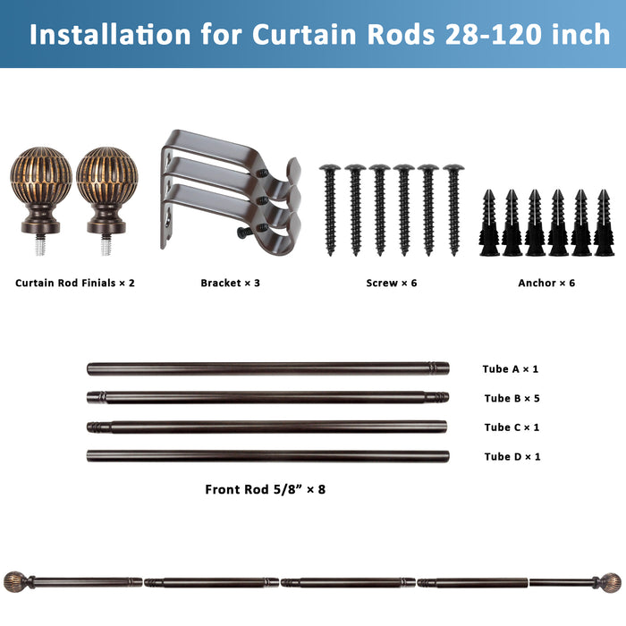 Urbanest 5/8" Single Telescoping Curtain Rod with Volle Ball Finials, 28"-120"