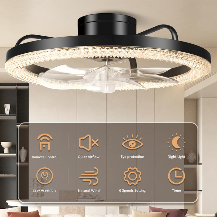 16.5" Low Profile Modern Flush Mount LED Ceiling Fan Fandelier Ceiling, Silent Reversible Motor, Diamond Design for Bedroom, Living Room, Indoor, Marine ( Black, White)