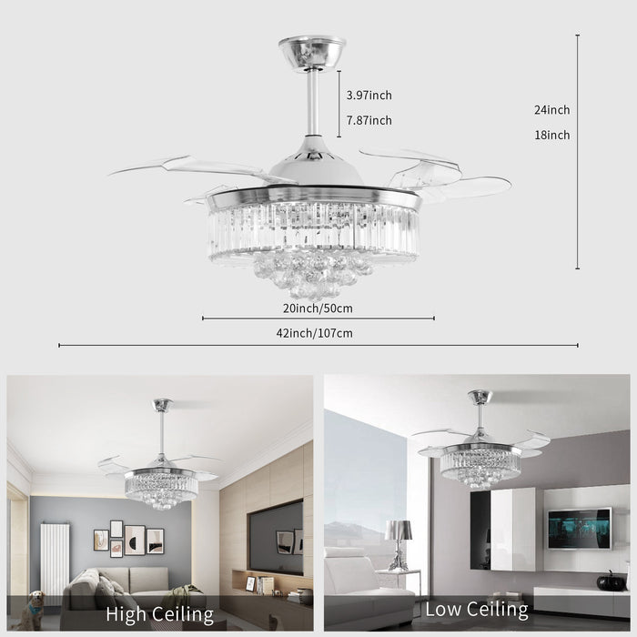 42 / 36 Inches Crystal Ceiling Fan Silver Crystal Ceiling Fan Chandelier with Remote 3 Speeds 3 Colors Changes Lighting Fixture, 4 Blades Retractable Fans for Bedroom Living Room