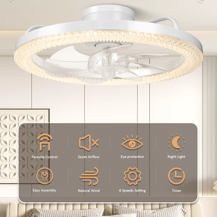 16.5" Low Profile Modern Flush Mount LED Ceiling Fan Fandelier Ceiling, Silent Reversible Motor, Diamond Design for Bedroom, Living Room, Indoor, Marine ( Black, White)