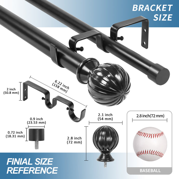 Urbanest Fluted Ball Manhattan 1-inch 3-4 inch Double Drapery Curtain Window Rod Set