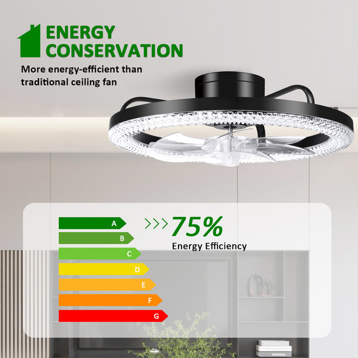 16.5" Low Profile Modern Flush Mount LED Ceiling Fan Fandelier Ceiling, Silent Reversible Motor, Diamond Design for Bedroom, Living Room, Indoor, Marine ( Black, White)