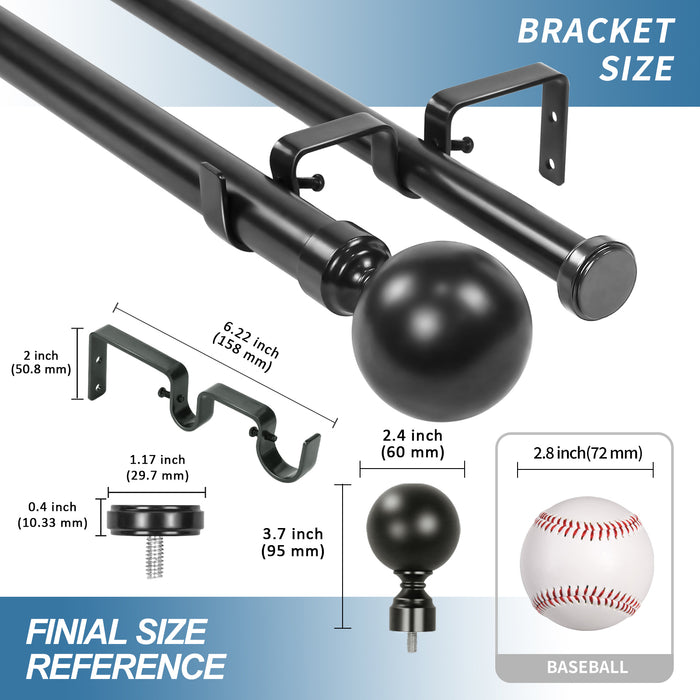 Urbanest Steel Ball Flat Button 1" 3/4" Double Drapery Curtain Window Rod Set