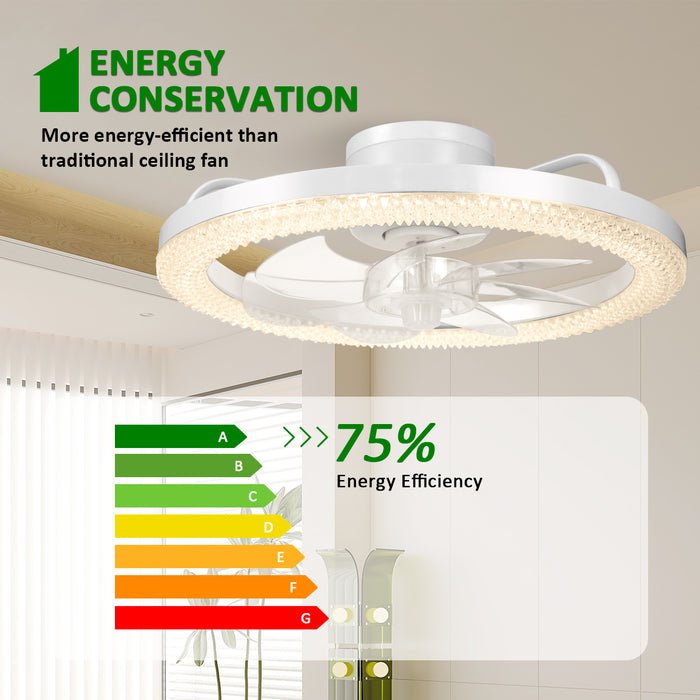 16.5" Low Profile Modern Flush Mount LED Ceiling Fan Fandelier Ceiling, Silent Reversible Motor, Diamond Design for Bedroom, Living Room, Indoor, Marine ( Black, White)