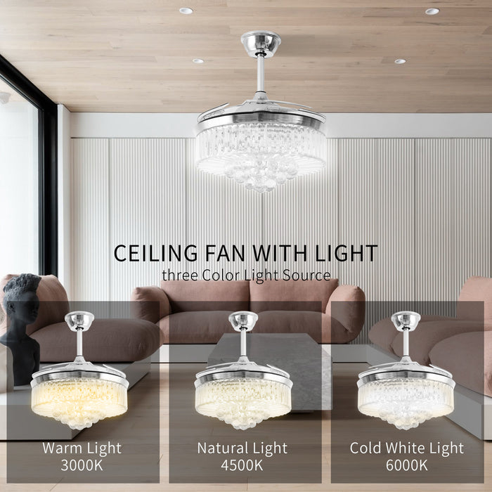 42 / 36 Inches Crystal Ceiling Fan Silver Crystal Ceiling Fan Chandelier with Remote 3 Speeds 3 Colors Changes Lighting Fixture, 4 Blades Retractable Fans for Bedroom Living Room