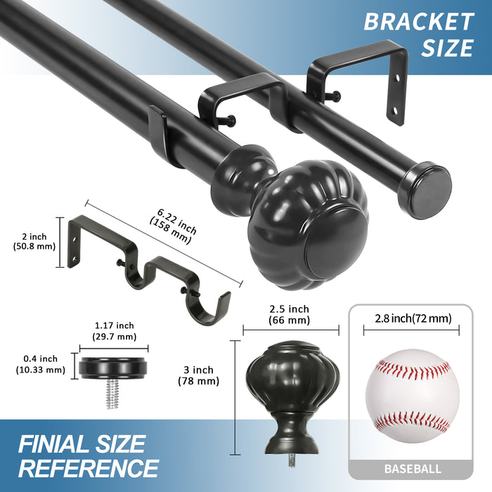 Urbanest Door Knob Flat Button 1" 3/4" Double Drapery Curtain Window Rod Set