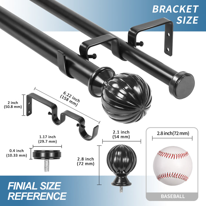 Urbanest Fluted Ball Flat Button 1-inch 3-4 inch Double Drapery Curtain Window Rod Set