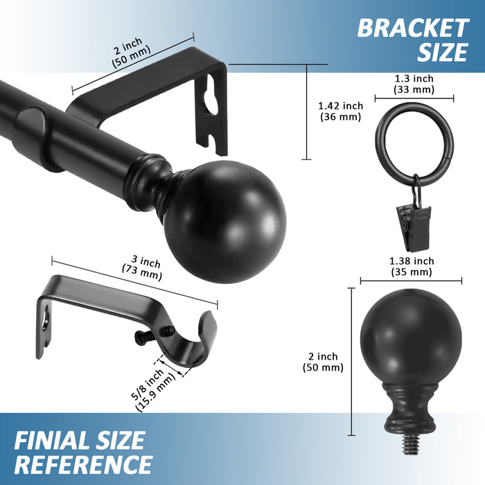 Urbanest Ball Adjustable Single Drapery Curtain Rod Set with Rings, 5-8"