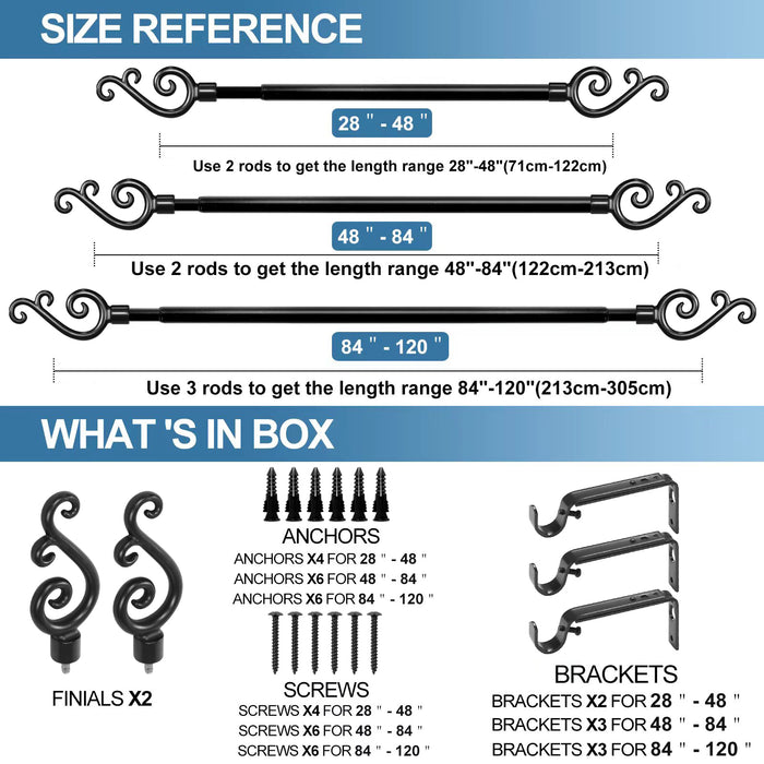 Urbanest Adjustable Scroll Finial Curtain Drapery Rod Set, 5-8-inch
