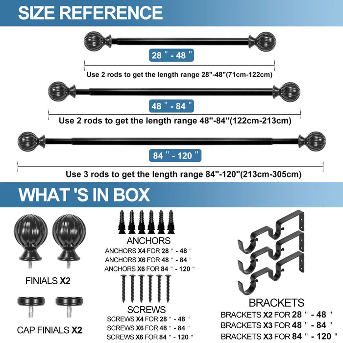 Urbanest Fluted Ball Flat Button 1-inch 3-4 inch Double Drapery Curtain Window Rod Set