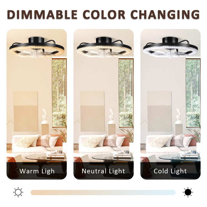 16.5" Low Profile Modern Flush Mount LED Ceiling Fan Fandelier Ceiling, Silent Reversible Motor, Diamond Design for Bedroom, Living Room, Indoor, Marine ( Black, White)