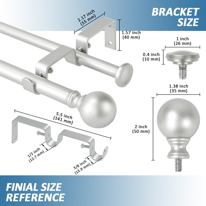 Urbanest Ball Adjustable Double Drapery Curtain Rod Set, 5-8"