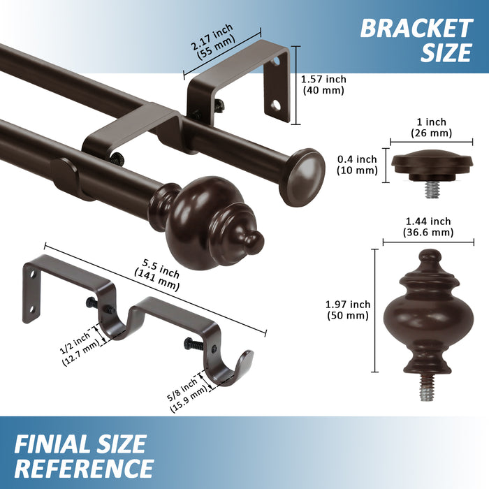 Urbanest Round Urn Adjustable Double Drapery Curtain Rod Set, 5-8"