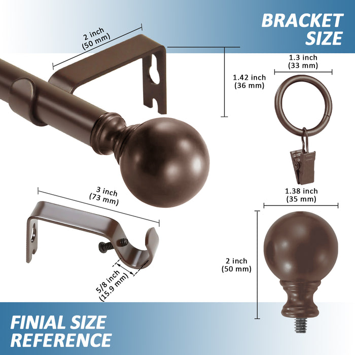 Urbanest Ball Adjustable Single Drapery Curtain Rod Set with Rings, 5-8"