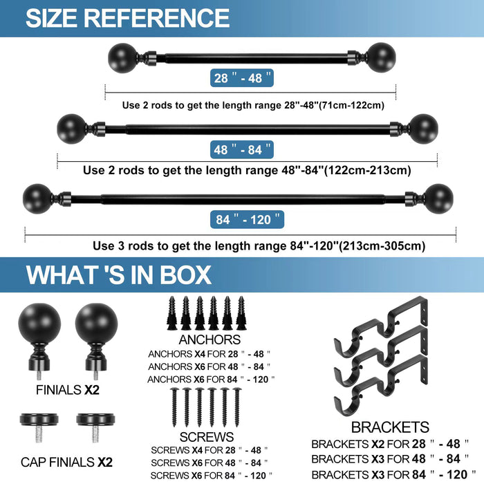Urbanest Steel Ball Flat Button 1" 3/4" Double Drapery Curtain Window Rod Set