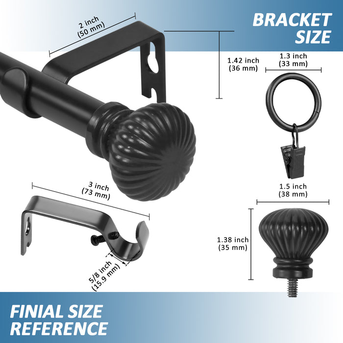 Urbanest Fluted Ball Adjustable Single Drapery Curtain Rod Set with Rings, 5-8"