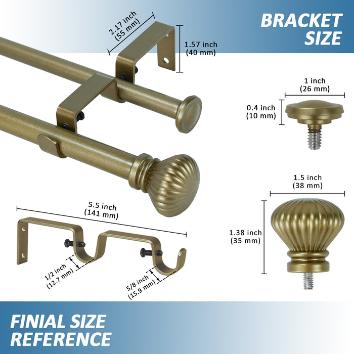 Urbanest Fluted Ball Adjustable Double Drapery Curtain Rod Set, 5-8"