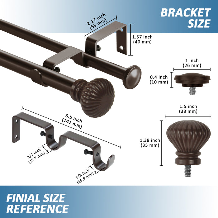 Urbanest Fluted Ball Adjustable Double Drapery Curtain Rod Set, 5-8"