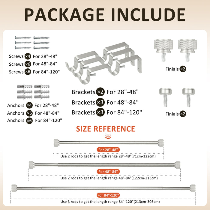 Urbanest 5/8" Diameter Adjustable Double Drapery Curtain Rod Set with Maniglia Finial, 28"-48"/48"-84"/84"-120", Gun Metal, Pewter, Matte Gold