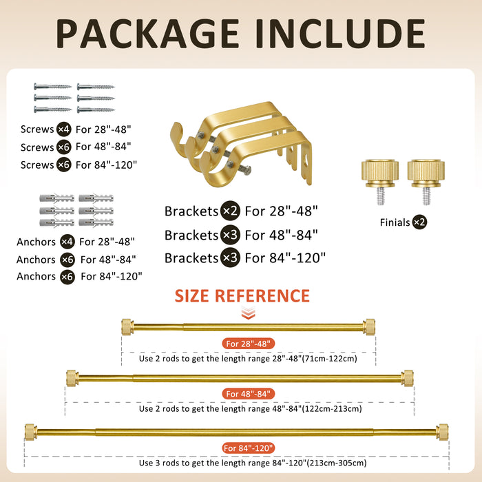 Urbanest 5/8" Diameter Adjustable Single Drapery Curtain Rod Set with Poignee Finials, 28"-48"/48"-84"/84"-120", Gun Metal, Pewter, Matte Gold