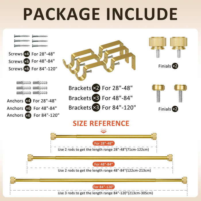 Urbanest 5/8" Diameter Adjustable Double Drapery Curtain Rod Set with Poignee Finials, 28"-48"/48"-84"/84"-120", Gun Metal, Pewter, Matte Gold