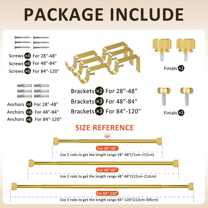 Urbanest 5/8" Diameter Adjustable Double Drapery Curtain Rod Set with Maniglia Finial, 28"-48"/48"-84"/84"-120", Gun Metal, Pewter, Matte Gold