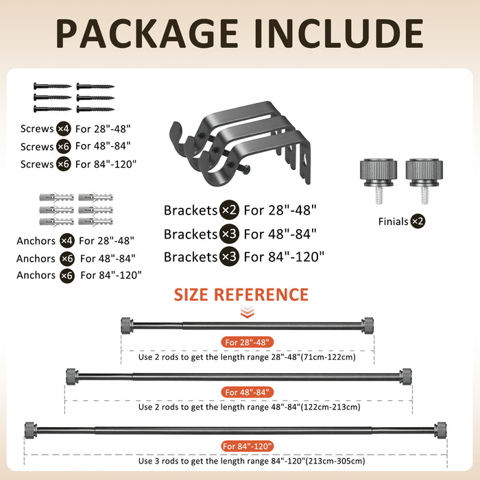 Urbanest 5/8" Diameter Adjustable Single Drapery Curtain Rod Set with Poignee Finials, 28"-48"/48"-84"/84"-120", Gun Metal, Pewter, Matte Gold
