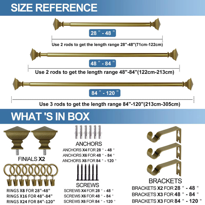 Urbanest Square Urn Adjustable Single Drapery Curtain Rod Set with Rings, 5-8"