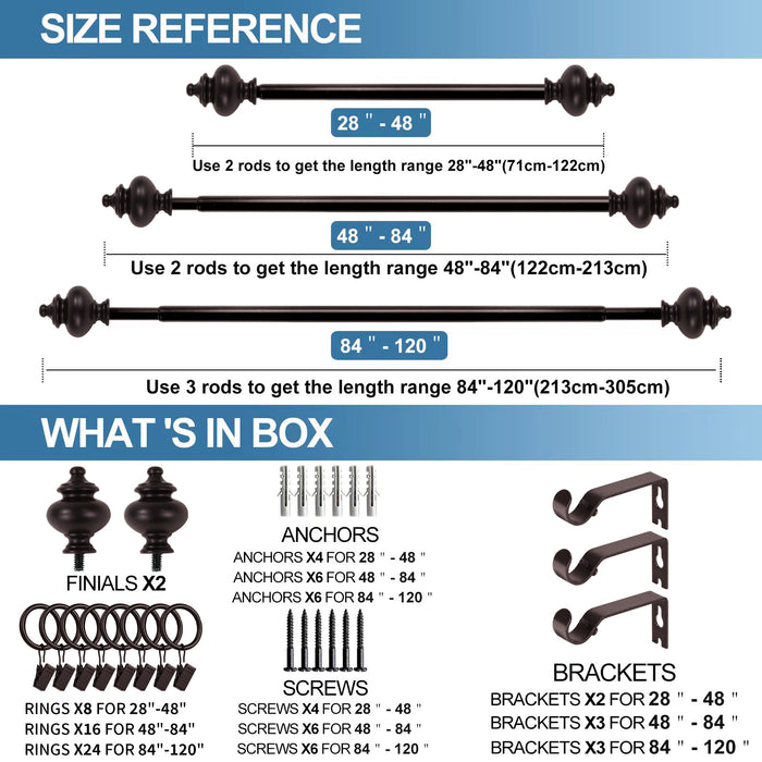 Urbanest Round Urn Adjustable Single Drapery Curtain Rod Set with Rings, 5-8"