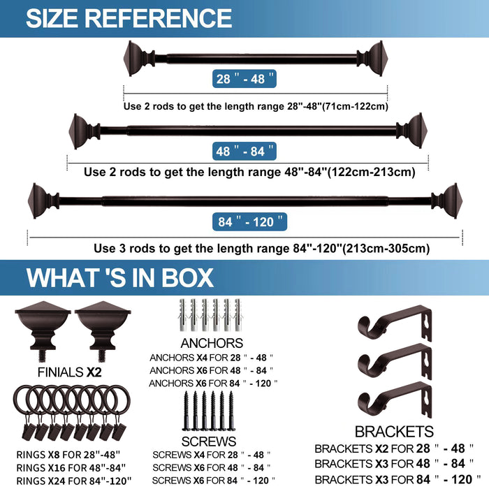Urbanest Square Urn Adjustable Single Drapery Curtain Rod Set with Rings, 5-8"