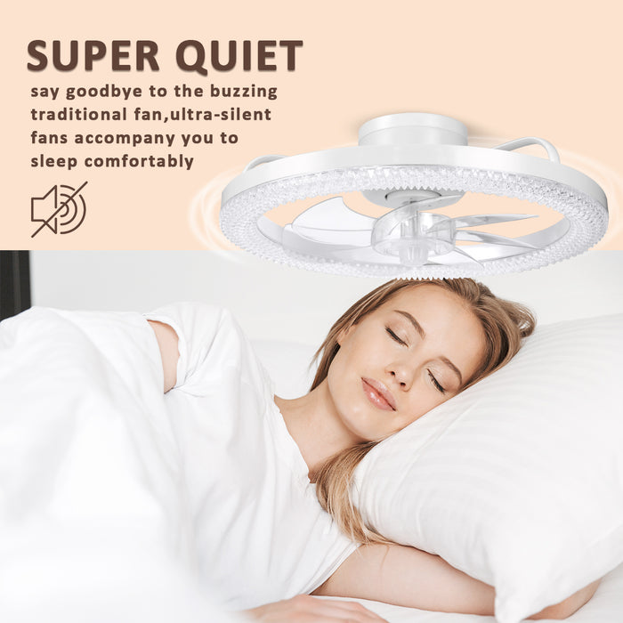 16.5" Low Profile Modern Flush Mount LED Ceiling Fan Fandelier Ceiling, Silent Reversible Motor, Diamond Design for Bedroom, Living Room, Indoor, Marine ( Black, White)