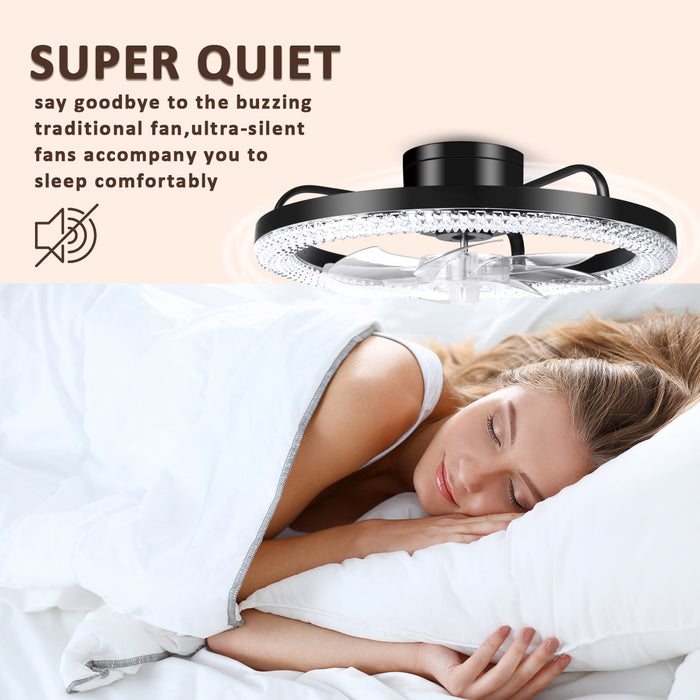 16.5" Low Profile Modern Flush Mount LED Ceiling Fan Fandelier Ceiling, Silent Reversible Motor, Diamond Design for Bedroom, Living Room, Indoor, Marine ( Black, White)