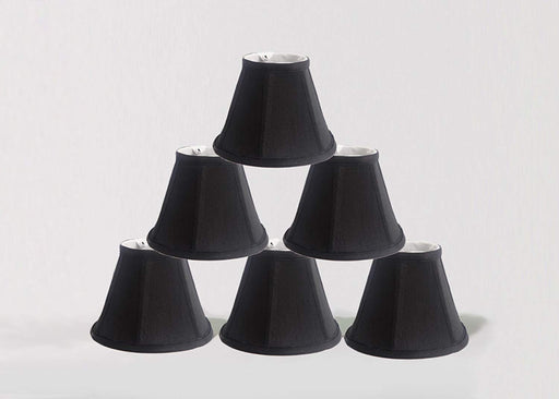 A set of six black faux silk empire chandelier lamp shades with clip-on attachments.