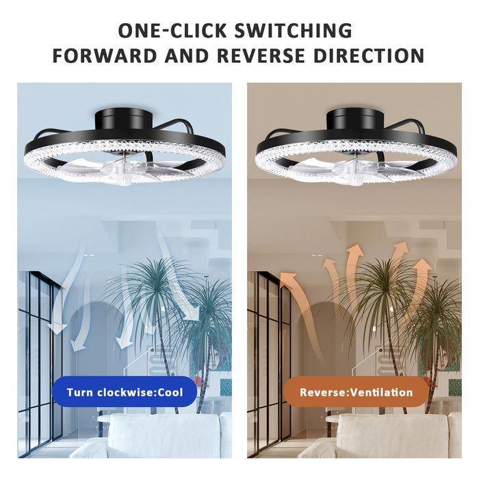 16.5" Low Profile Modern Flush Mount LED Ceiling Fan Fandelier Ceiling, Silent Reversible Motor, Diamond Design for Bedroom, Living Room, Indoor, Marine ( Black, White)