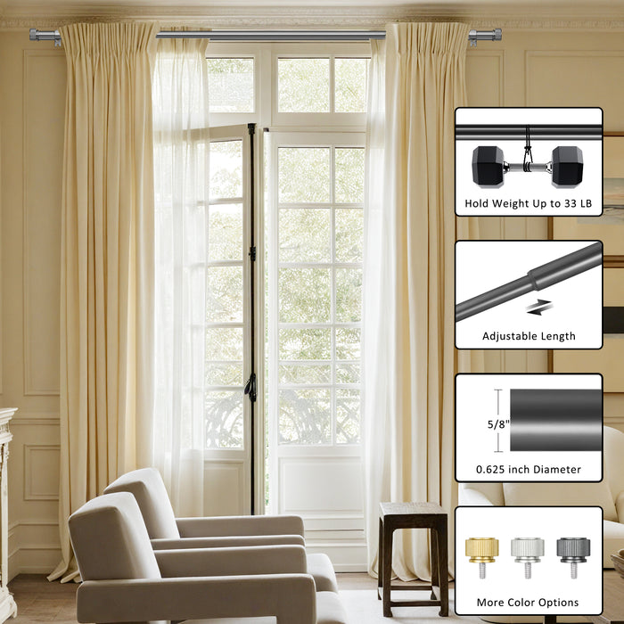 Urbanest 5/8" Diameter Adjustable Double Drapery Curtain Rod Set with Poignee Finials, 28"-48"/48"-84"/84"-120", Gun Metal, Pewter, Matte Gold