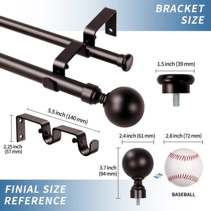 Urbanest Steel Ball Flat Button 1-inch 5-8 inch Double Drapery Curtain Window Rod Set