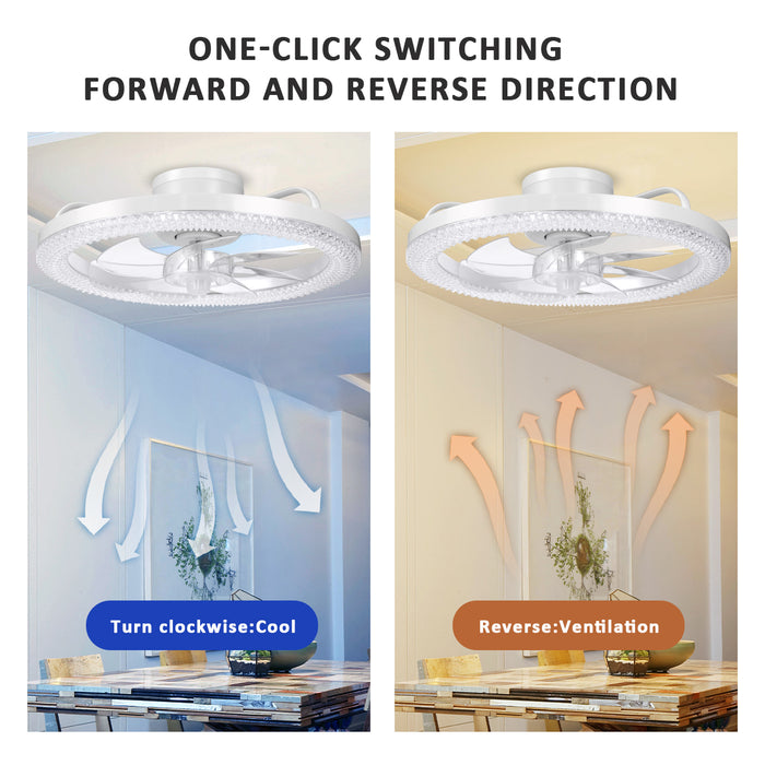 16.5" Low Profile Modern Flush Mount LED Ceiling Fan Fandelier Ceiling, Silent Reversible Motor, Diamond Design for Bedroom, Living Room, Indoor, Marine ( Black, White)