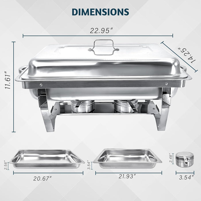4 Pack 8 Qt Full Size Stainless Steel Chafing Dishes Buffet Set, Silver Rectangular Catering Chafer Warmer Set with Trays Pan Lid Folding Frame for Kitchen Party Banquet Dining