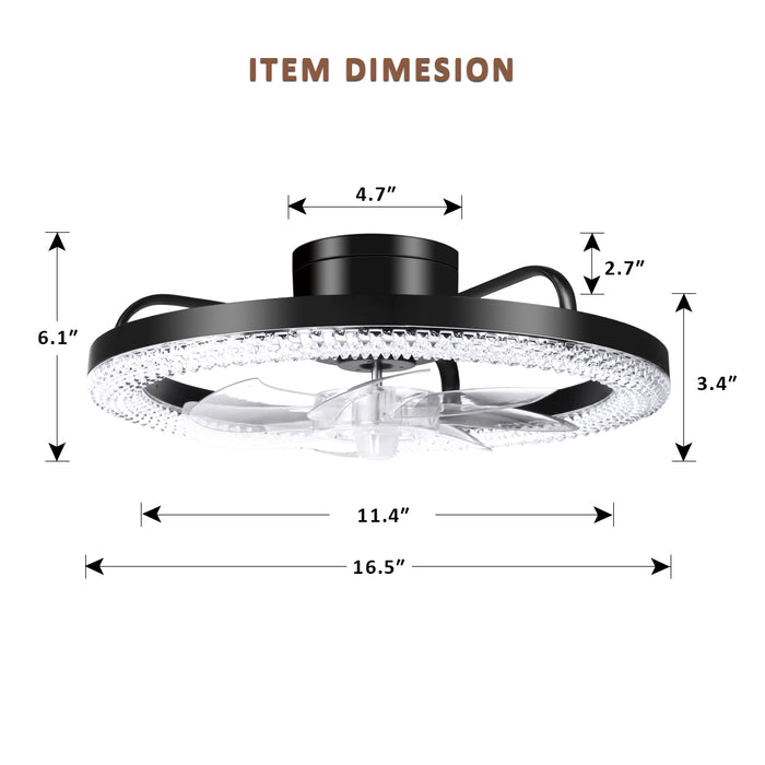 16.5" Low Profile Modern Flush Mount LED Ceiling Fan Fandelier Ceiling, Silent Reversible Motor, Diamond Design for Bedroom, Living Room, Indoor, Marine ( Black, White)