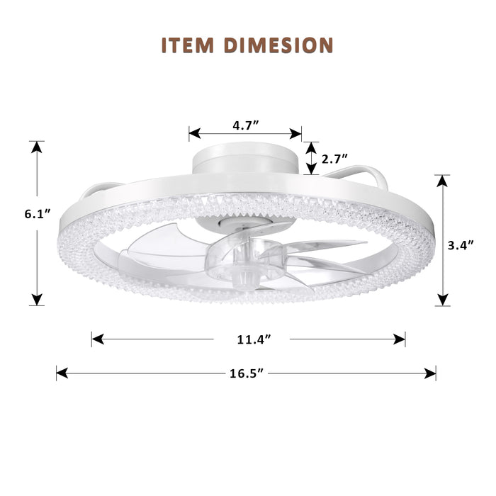 16.5" Low Profile Modern Flush Mount LED Ceiling Fan Fandelier Ceiling, Silent Reversible Motor, Diamond Design for Bedroom, Living Room, Indoor, Marine ( Black, White)
